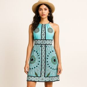 London Times Teal Printed Halter Cocktail Dress – Size 14